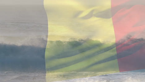 Animation-Der-Flagge-Belgiens,-Die-über-Der-Meereslandschaft-Weht