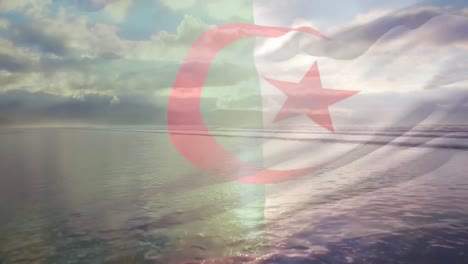 Digitale-Komposition-Der-Algerischen-Flagge,-Die-Vor-Der-Luftaufnahme-Der-Wellen-Im-Meer-Weht