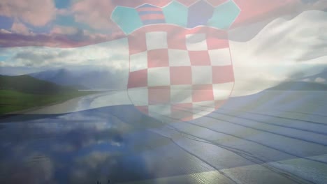 Animation-Der-Flagge-Kroatiens,-Die-über-Der-Strandlandschaft-Weht