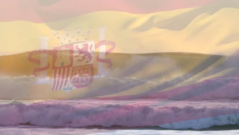 Animation-Der-Flagge-Spaniens,-Die-über-Der-Meereslandschaft-Weht