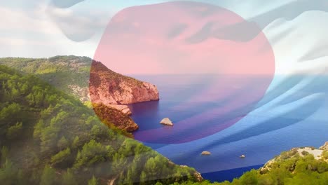 Animation-Der-Flagge-Japans,-Die-über-Der-Strandlandschaft-Weht