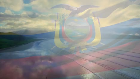 Digital-composition-of-ecuador-flag-waving-against-aerial-view-of-waves-in-the-sea