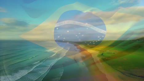 Animación-De-La-Bandera-De-Brasil-Ondeando-Sobre-El-Paisaje-De-La-Playa.