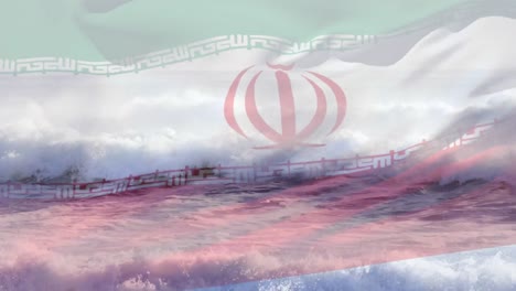 Digitale-Komposition-Der-Iranischen-Flagge,-Die-Vor-Der-Luftaufnahme-Der-Wellen-Im-Meer-Weht