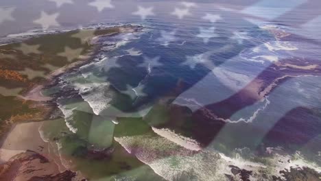 Digital-composition-of-waving-us-flag-against-aerial-view-of-sea-waves