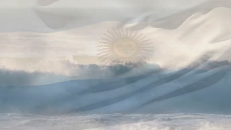 Animation-Der-Argentinischen-Flagge,-Die-über-Der-Meereslandschaft-Am-Strand-Weht