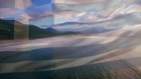 Digital-composition-of-waving-greece-flag-against-aerial-view-of-beach-and-sea