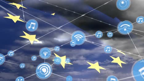 Network-of-digital-icons-over-waving-eu-flag-against-clouds-in-the-sky