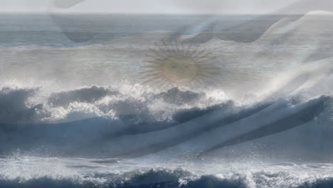 Digitale-Komposition-Der-Argentinischen-Flagge,-Die-Vor-Der-Luftaufnahme-Der-Wellen-Im-Meer-Weht