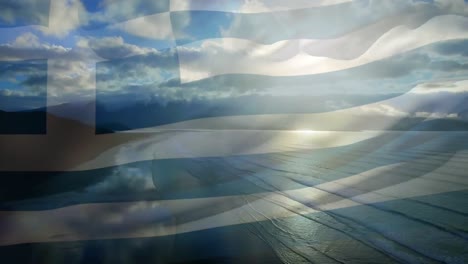 Digitale-Komposition-Der-Griechischen-Flagge,-Die-Vor-Der-Luftaufnahme-Der-Wellen-Im-Meer-Weht
