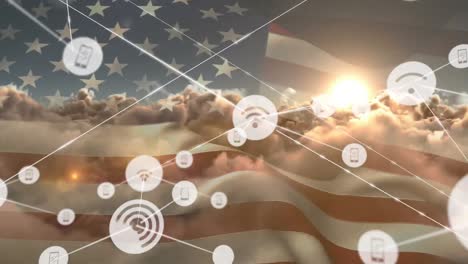 Animation-of-network-of-connections-with-icons-over-flag-of-united-states-of-america-and-clouds