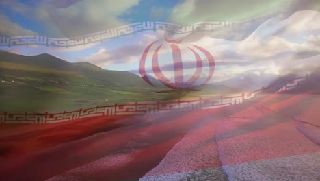 Digitale-Komposition:-Die-Iranische-Flagge-Weht-Vor-Der-Luftaufnahme-Der-Wellen-Im-Meer