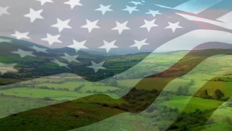 Animation-Der-Flagge-Der-Vereinigten-Staaten,-Die-über-Die-Landschaft-Weht