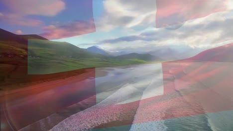 Digitale-Komposition-Der-Wehenden-Schweizer-Flagge-Vor-Der-Luftaufnahme-Des-Strandes