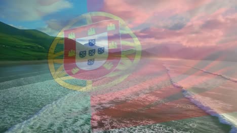 Animation-of-flag-of-portugal-blowing-over-beach-seascape
