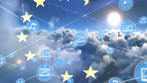 Network-of-digital-icons-over-waving-eu-flag-against-clouds-in-the-sky
