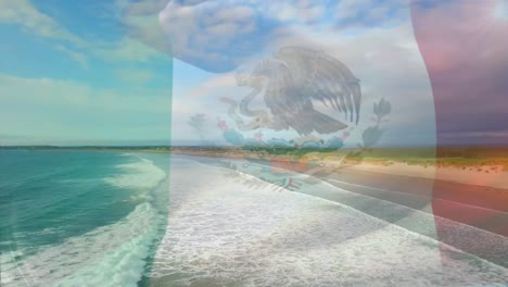 Digitale-Komposition-Der-Wehenden-Mexikanischen-Flagge-Vor-Der-Luftaufnahme-Des-Strandes