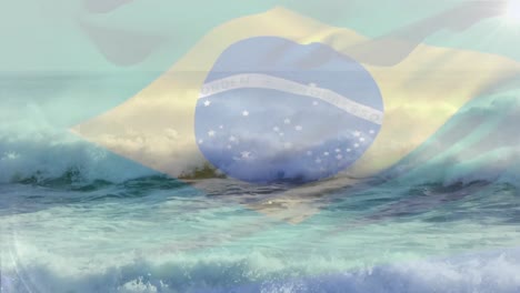 Digitale-Komposition-Der-Brasilianischen-Flagge,-Die-Vor-Der-Luftaufnahme-Der-Wellen-Im-Meer-Weht