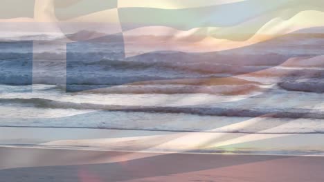 Digitale-Komposition-Einer-Wehenden-Griechischen-Flagge-Vor-Dem-Blick-Auf-Den-Strand-Und-Die-Meereswellen