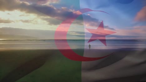 Animación-De-La-Bandera-De-Argelia-Ondeando-Sobre-El-Paisaje-Marino.