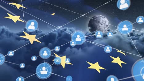 Animation-of-network-of-connections-with-icons-over-flag-of-european-union-and-clouds