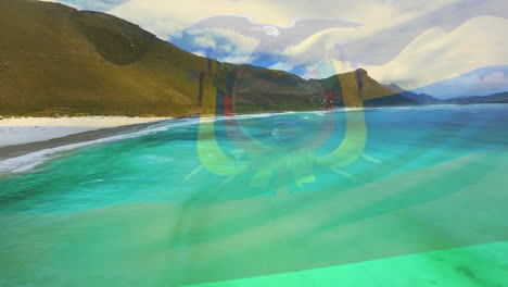 Digital-composition-of-ecuador-flag-waving-against-close-up-view-of-waves-on-the-beach
