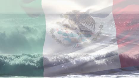 Digitale-Komposition-Der-Mexikanischen-Flagge,-Die-Vor-Der-Luftaufnahme-Der-Wellen-Im-Meer-Weht