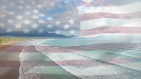 Digitale-Komposition-Der-Schwenkenden-US-Flagge-über-Geschäftsleuten,-Die-Sich-Vor-Dem-Blick-Auf-Den-Strand-Die-Hand-Schütteln