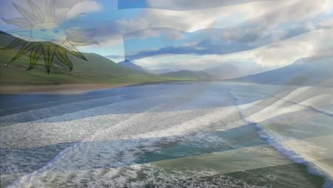 Digitale-Komposition-Der-Wehenden-Uruguay-Flagge-Vor-Der-Luftaufnahme-Des-Strandes