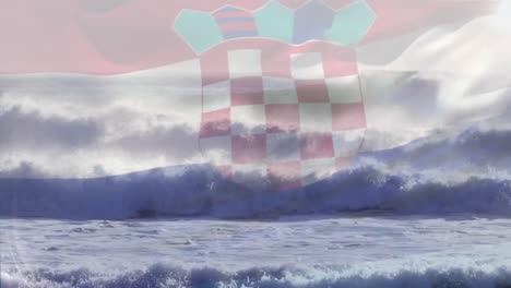 Digitale-Komposition-Der-Kroatischen-Flagge,-Die-Vor-Der-Luftaufnahme-Der-Wellen-Im-Meer-Weht