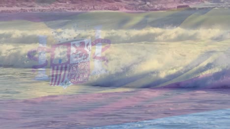 Animation-of-flag-of-spain-blowing-over-beach-seascape