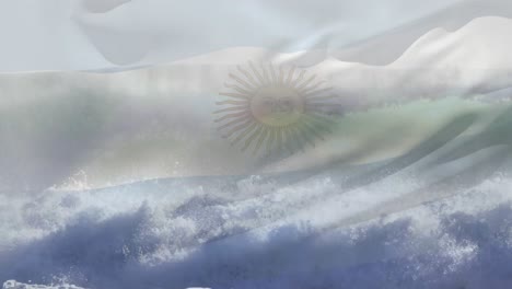 Animación-De-La-Bandera-De-Argentina-Ondeando-Sobre-Las-Olas-En-El-Mar