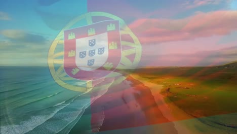 Digitale-Komposition-Der-Portugiesischen-Flagge,-Die-Vor-Der-Luftaufnahme-Der-Wellen-Im-Meer-Weht