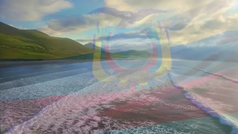 Animation-of-flag-of-ecuador-blowing-over-beach-landscape
