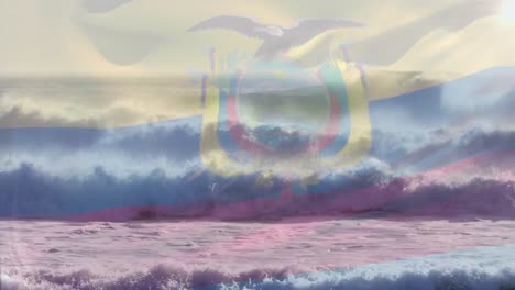 Digitale-Komposition-Der-Ecuadorianischen-Flagge,-Die-Vor-Der-Luftaufnahme-Der-Wellen-Im-Meer-Weht