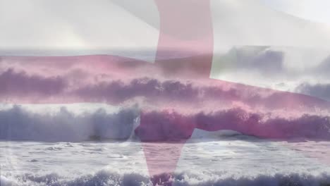 Digitale-Komposition-Der-Englischen-Flagge,-Die-Gegen-Die-Wellen-Im-Meer-Weht