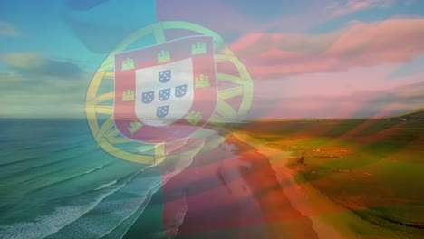 Animation-Der-Flagge-Portugals,-Die-über-Der-Strandlandschaft-Weht