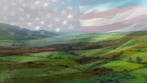 Digital-composition-of-waving-us-flag-against-aerial-view-of-grasslands