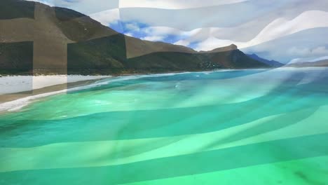 Digitale-Komposition-Der-Griechischen-Flagge,-Die-Vor-Der-Luftaufnahme-Der-Wellen-Im-Meer-Weht
