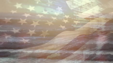 Digitale-Komposition-Der-Schwenkenden-US-Flagge-Vor-Dem-Blick-Auf-Den-Strand-Und-Die-Meereswellen