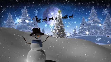 Snow-falling-over-snowman-and-christmas-tree-on-winter-landscape-against-moon-in-the-night-sky