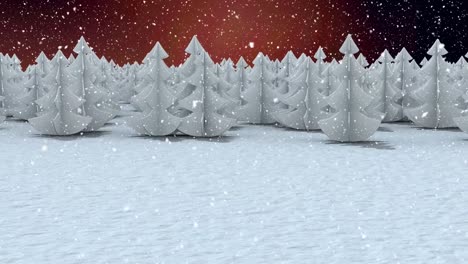 Schnee-Fällt-über-Mehrere-Bäume-In-Der-Winterlandschaft-Vor-Rotem-Hintergrund