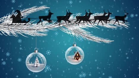 Snowflakes-falling-over-santa-claus-in-sleigh-being-pulled-by-reindeers-against-blue-background