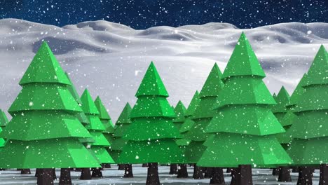Schnee-Fällt-über-Mehrere-Bäume-In-Der-Winterlandschaft-Vor-Dem-Nachthimmel