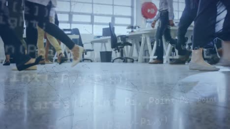 Animation-of-data-processing-over-feet-of-work-colleagues-walking-in-busy-office