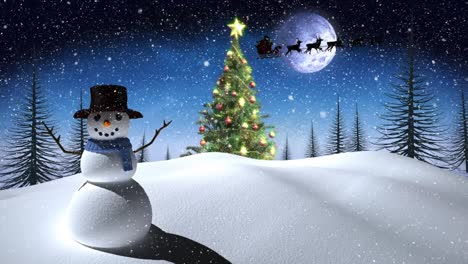 Schnee-Fällt-über-Schneemann-Und-Weihnachtsbaum-In-Der-Winterlandschaft-Vor-Dem-Mond-Am-Nachthimmel