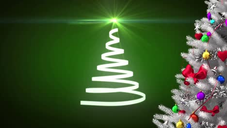 Animation-of-christmas-tree-formed-with-white-ribbon-on-green-background