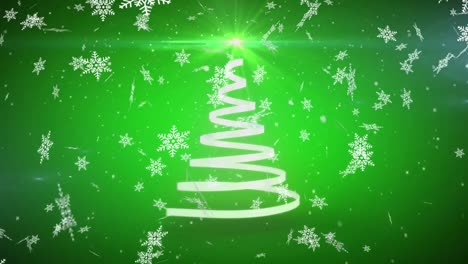 Animation-of-christmas-tree-formed-with-white-ribbon-and-snow-falling