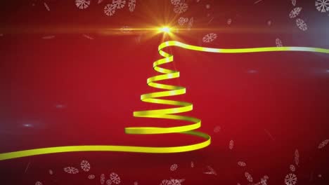Animation-of-christmas-tree-formed-with-yellow-ribbon-and-snow-falling