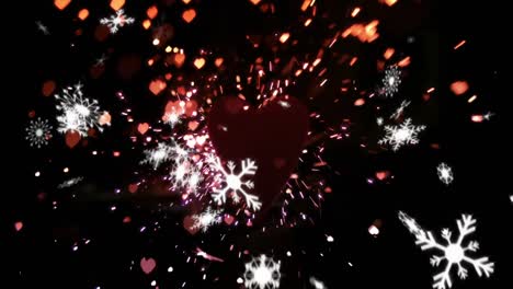 Animation-of-falling-snowflakes-and-hearts-over-spinning-heart-with-fireworks